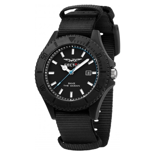 Sector Save the ocean 43mm 3h black dial blk st maschile
