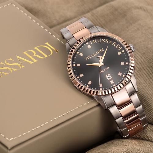 Trussardi T-bent 43mm 3h gun dial br ss+rg