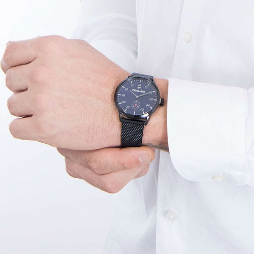 Trussardi T-world 40mm 3h blue dial mesh band ss