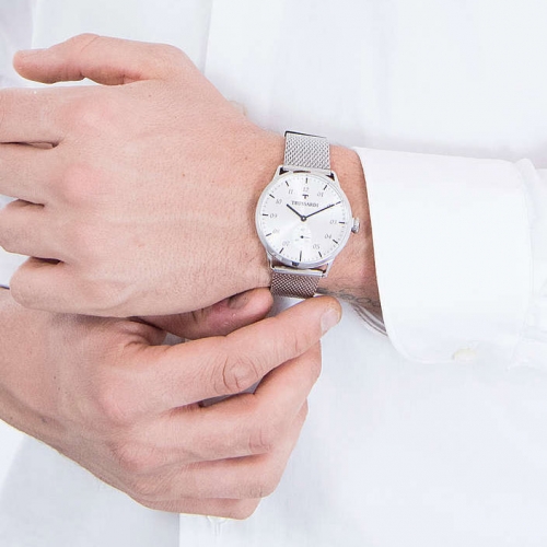 Trussardi T-wolrd 40mm 3h white dial mesh band ss