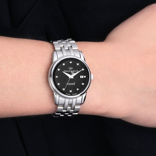 Philip Watch Anniversary 30mm 3h blk dial w/dia br ss donna