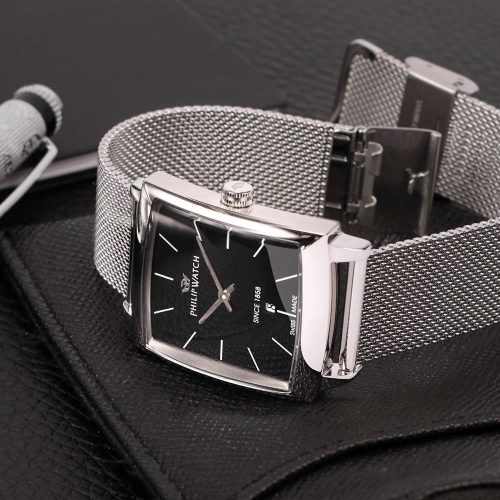 Philip Watch Newport 35x30mm 2h black dial mesh br ss maschile