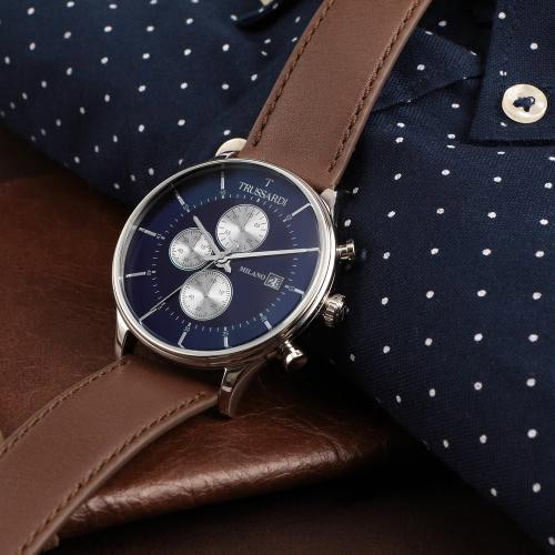 Trussardi T-complicity 45mm chr blue dial brown st