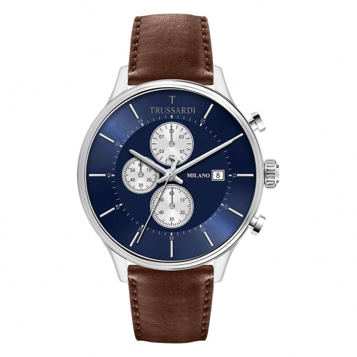 Trussardi T-complicity 45mm chr blue dial brown st