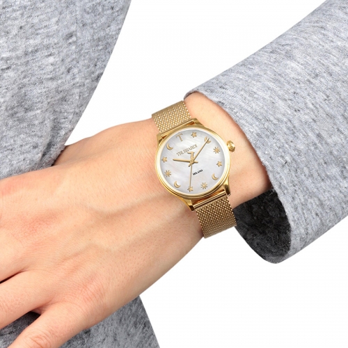Trussardi T-complicity 34mm 3h whi mop dia mesh yg
