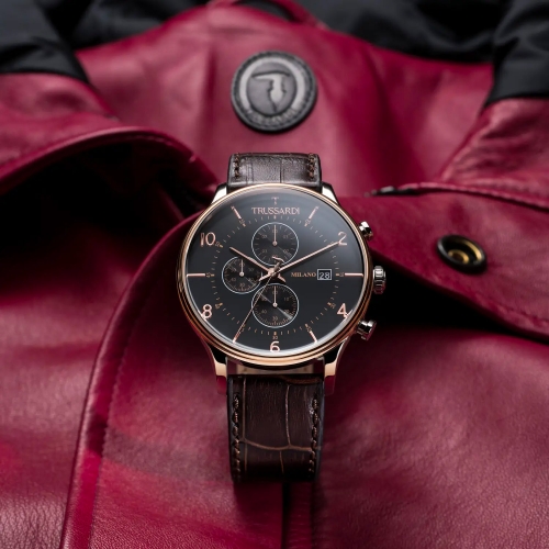 Trussardi T-complicity 45mm chr blk dial brown st