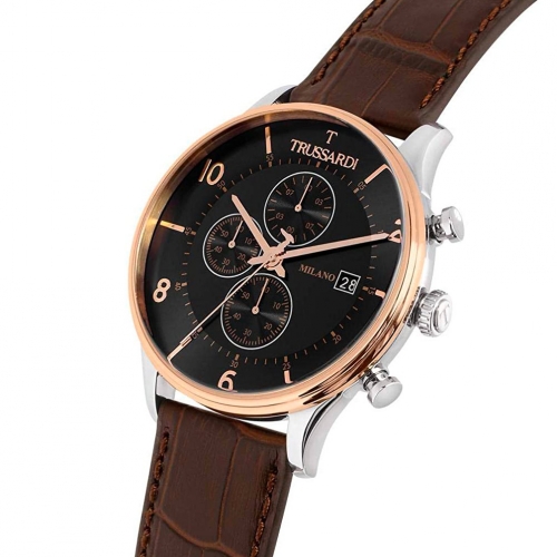 Trussardi T-complicity 45mm chr blk dial brown st