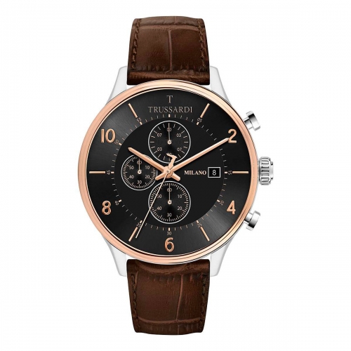 Trussardi T-complicity 45mm chr blk dial brown st