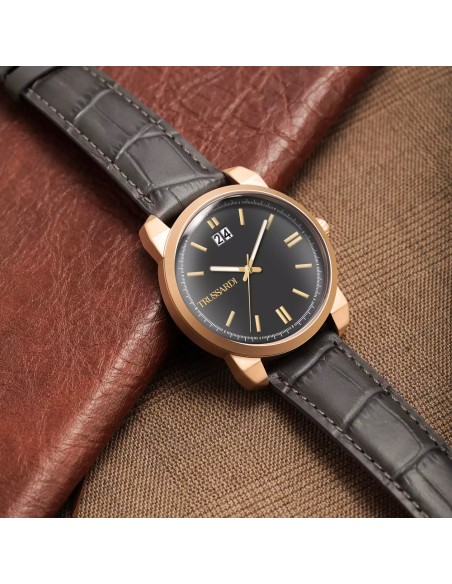 Orologio TRUSSARDI uomo T-city datario pelle grigio / oro