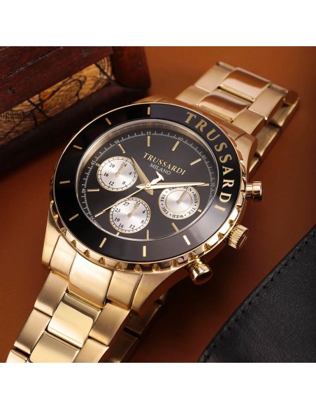 Orologio TRUSSARDI uomo T-logo multi funzione dorato / nero