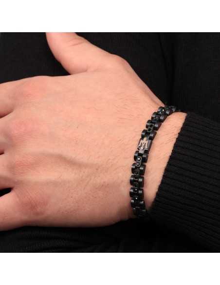 Bracciale MASERATI uomo Iconic acciaio nero / logo oro rosa
