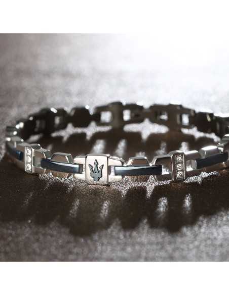 Bracciale MASERATI uomo Iconic acciaio / logo blu / pietre bianche