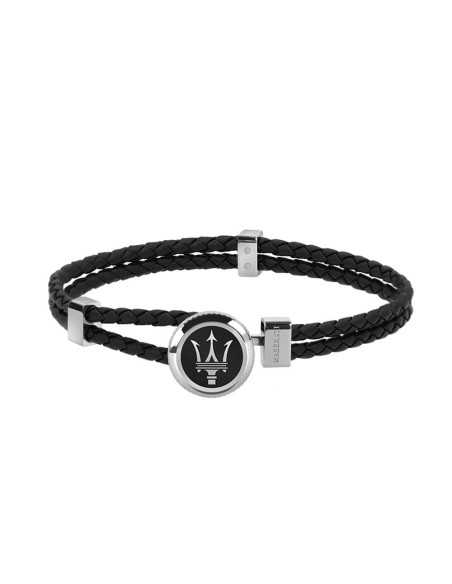 Bracciale MASERATI uomo pelle nero / logo acciaio smalto nero