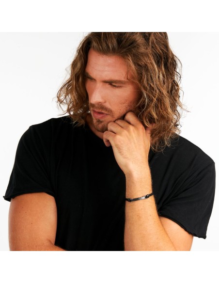 Bracciale Sector Bandy Uomo Pelle Nera e Acciaio Silver (SZV114)